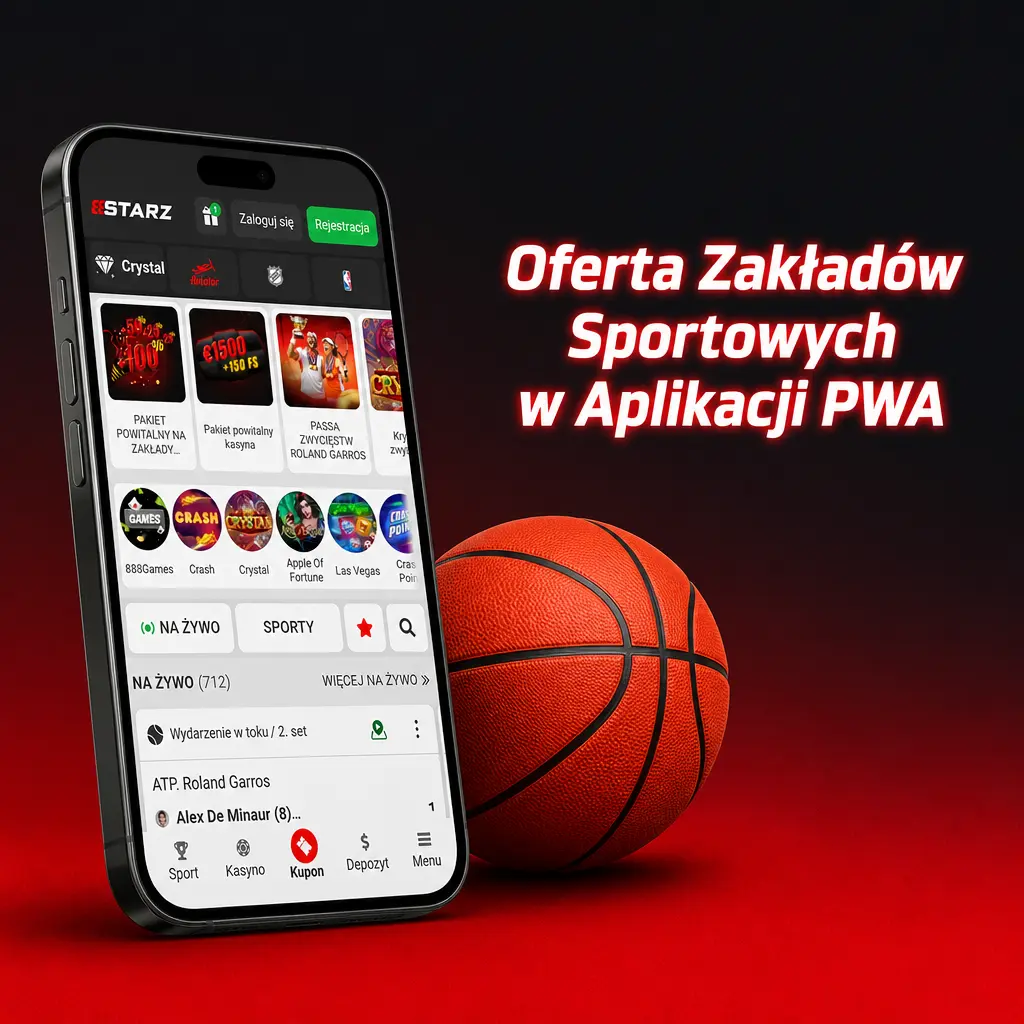 Oferta zakładów sportowych w aplikacji PWA 888starz – piłka nożna, koszykówka, tenis, esport i inne dyscypliny z kursami live.