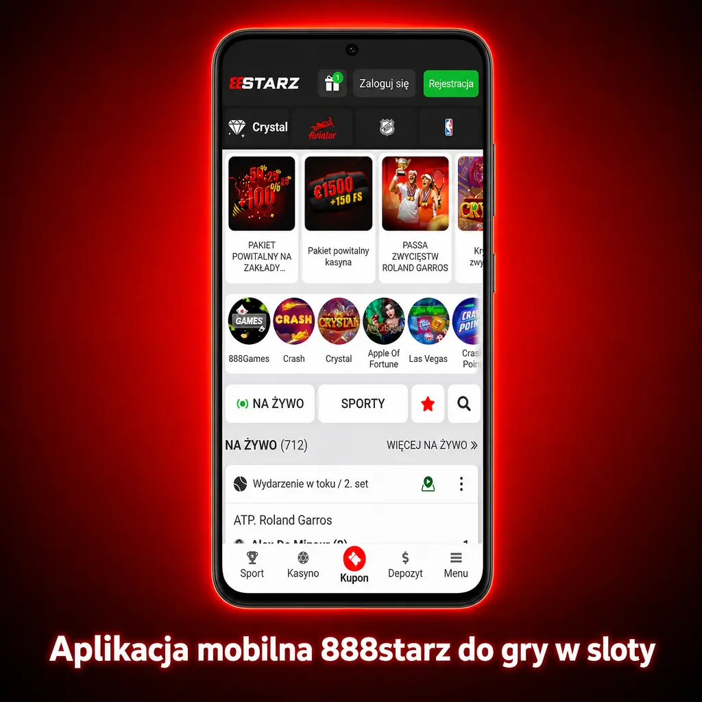 Aplikacja mobilna 888starz z lobby automatów, menu kategorii slotów i szybkim dostępem do gier na Androida i iOS