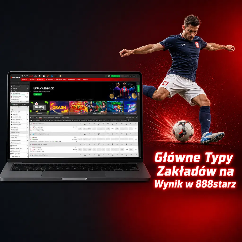 Rodzaje zakładów sportowych 888starz: 1X2, handicap, total i BTS na przykładach meczów piłkarskich.