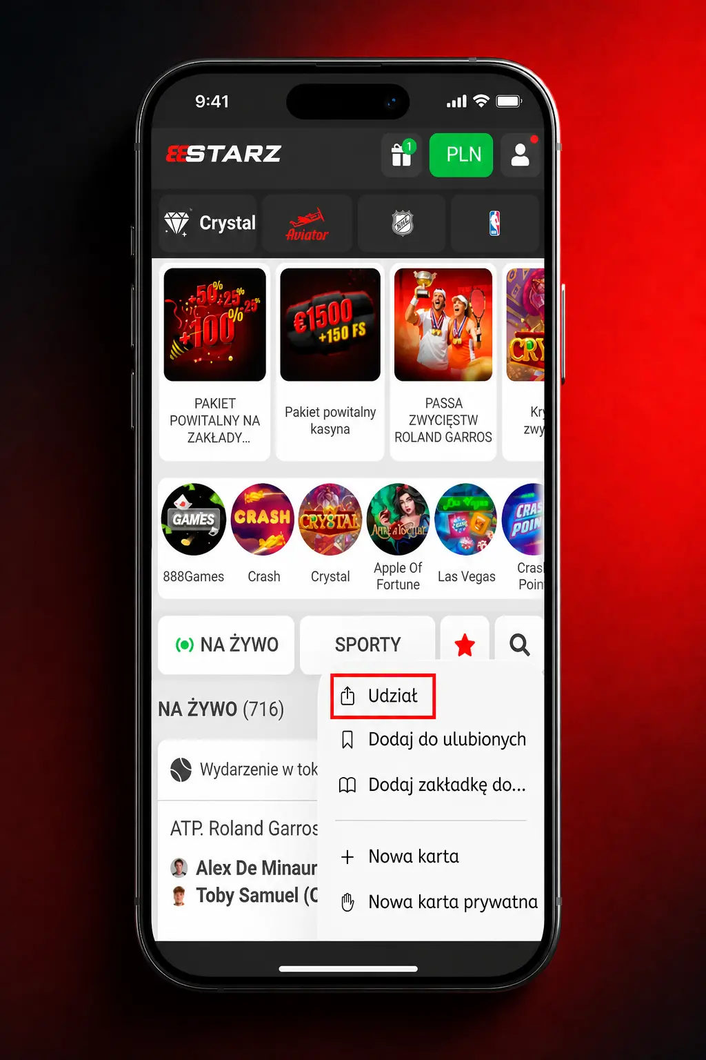 Instrukcja pobierania i instalacji aplikacji 888starz na iOS poprzez Safari i dodanie do ekranu głównego iPhone'a