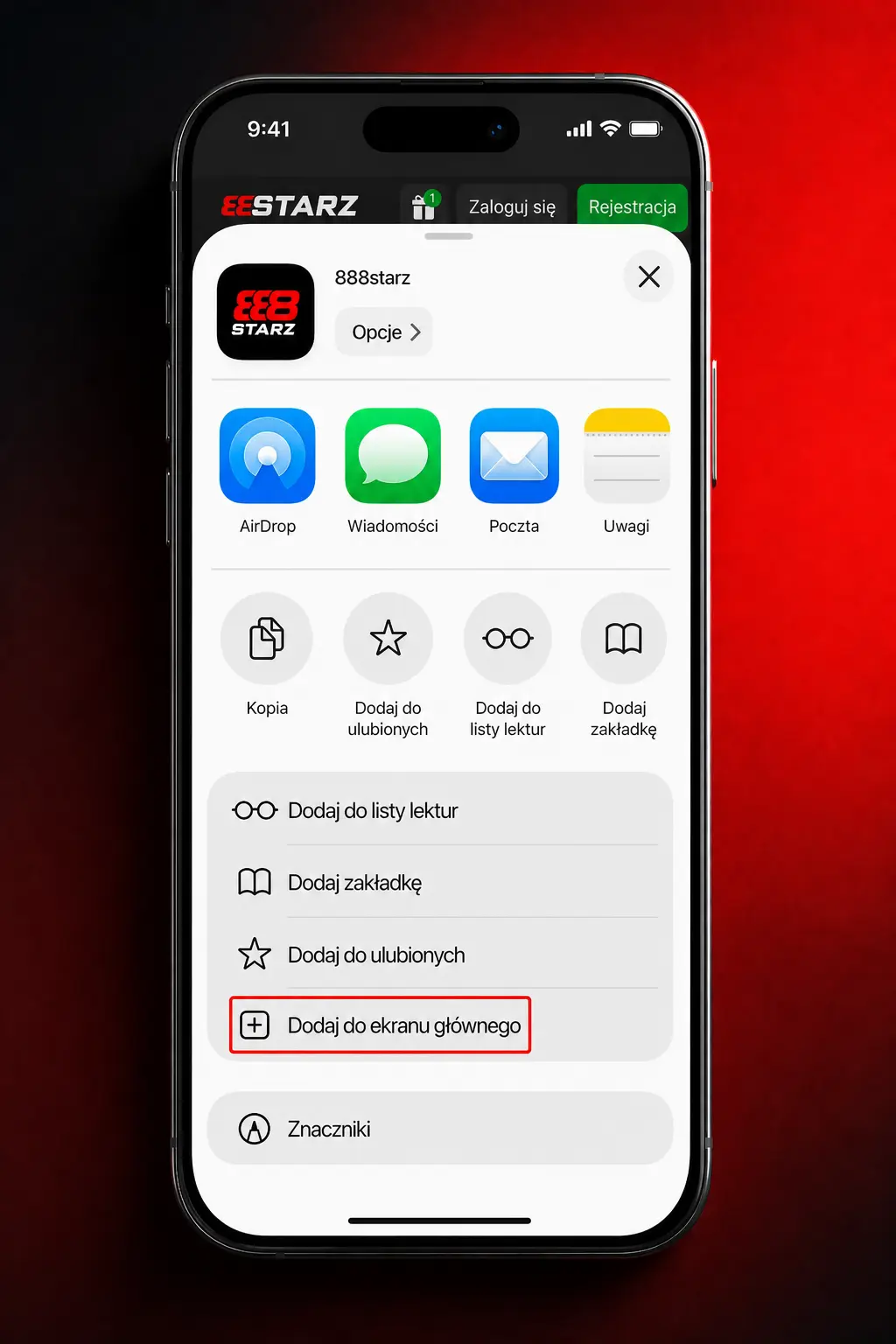 Instrukcja pobierania i instalacji aplikacji 888starz na iOS poprzez Safari i dodanie ikony do ekranu głównego iPhone'a