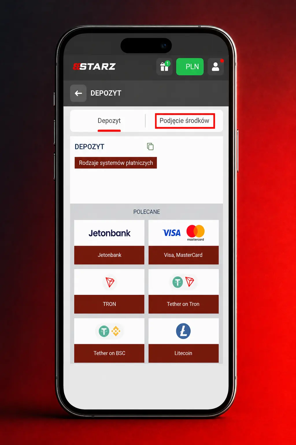 Instrukcja wypłaty pieniędzy z 888starz – panel gracza z opcjami metod płatności i kwotą transakcji