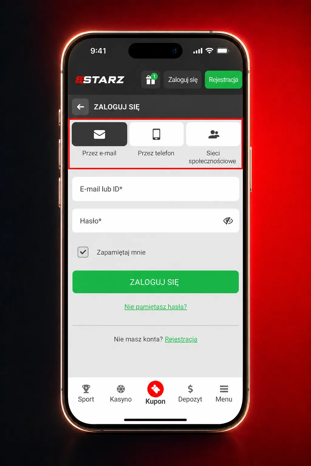 Logowanie do konta 888starz – formularz z polem numeru telefonu, e-maila i hasła