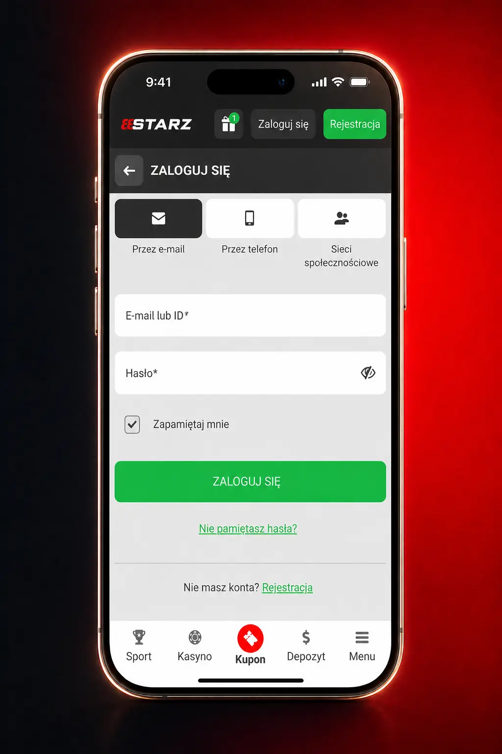 Logowanie do konta 888starz – formularz z polami na numer telefonu, e-mail i hasło