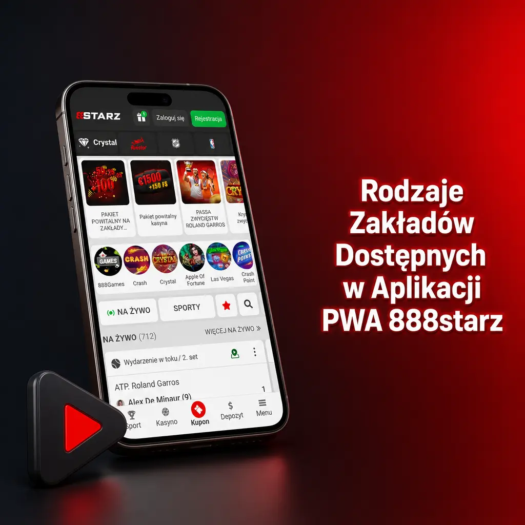 Rodzaje zakładów w aplikacji PWA 888starz: pojedynczy, AKO, system, na żywo oraz zakład łańcuchowy.