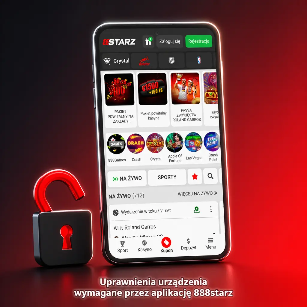Uprawnienia aplikacji 888starz: internet, powiadomienia push, pamięć, aparat do KYC i lokalizacja urządzenia gracza.