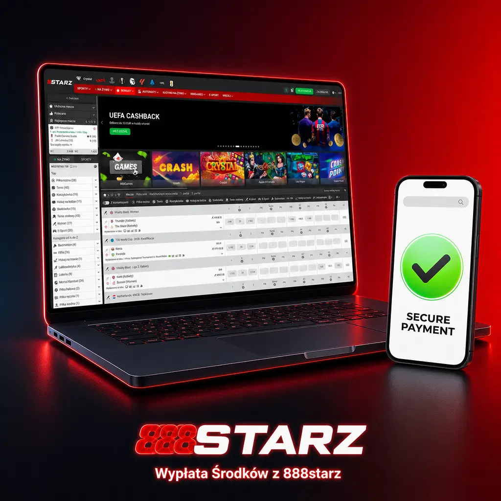 Instrukcja wypłaty środków z konta 888starz – wybór metody, podanie kwoty i potwierdzenie transakcji kodem SMS.